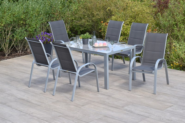 Merxx Amalfi di lusso Set 7-teilig, anthrazit, 6 Amalfi di lusso Stapelsessel, 1 Tisch in moderner Optik, 150 x 90 cm, silber/anthrazit, 50330-307