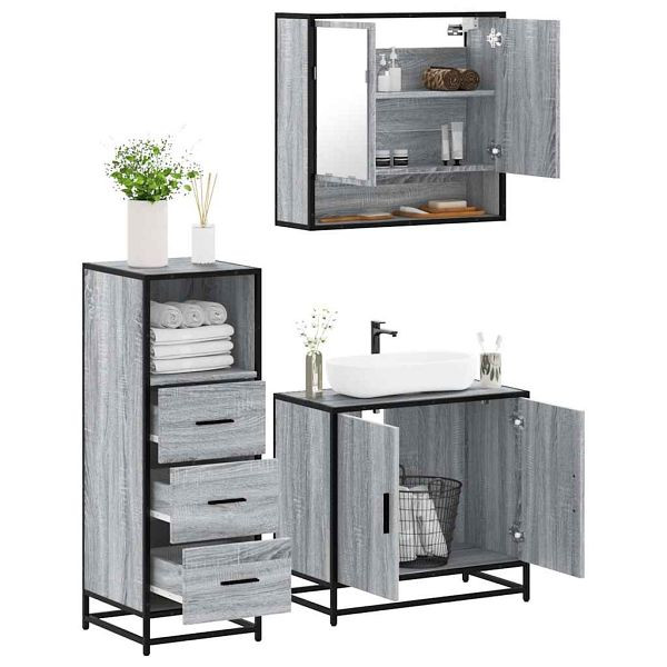 vidaXL 3-tlg. Badmöbel-Set Grau Sonoma Holzwerkstoff, 3301038
