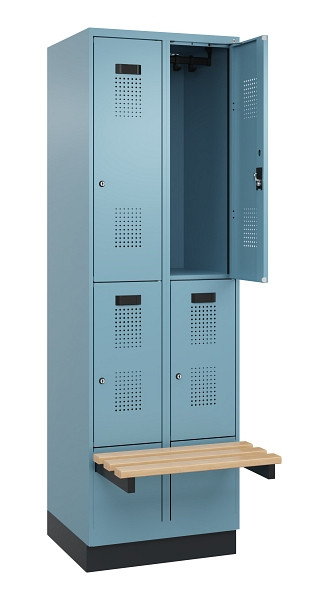 C+P Doppelstock-Spind Evolo PLUS, Bank, 4 Fächer, 1950x600x815mm, 0010/0010, Zylinderschloss, Sitzfläche Buche-Hartholz, mit Sockel, 049340-20 S10048