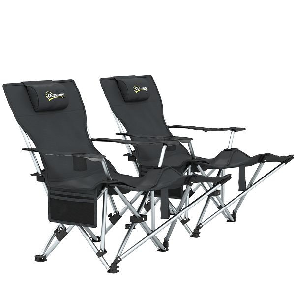 Outsunny 2er Set Campingstuhl faltbar Angelstuhl mit abnehmbar Fußstütze Kopfstütze Getränkehalter belastbar 120 kg Schwarz, A20-522V01BK