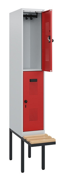 C+P Doppelstock-Spind Evolo PLUS, Bank, 2 Fächer, 1950x300x815mm, 7035/3000, Drehriegel, Sitzfläche Buche-Hartholz, 0493405-10 S10003