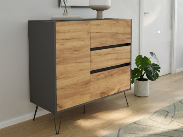 Posseik Sideboard Industrial L 100cm 3 Schubladen 1 Tür Grafit/Eiche Front, PN2089X0000019DE