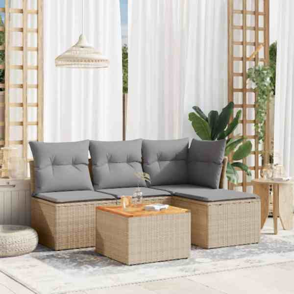 vidaXL 5-tlg. Garten-Sofagarnitur mit Kissen Beige Poly Rattan, UV-beständig, 3223595