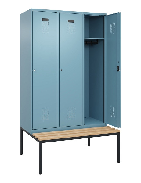 C+P Spind Evolo PLUS, 3 Abteile, 2120x1200x815mm, 0010/0010, Haken 4, Zylinderschloss, Sitzfläche Buche-Hartholz, Sitzbank, 0490507-32 S10048