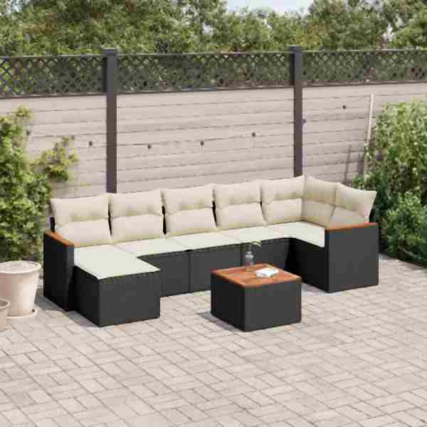 vidaXL 8-tlg. Garten-Sofagarnitur mit Kissen Schwarz Poly Rattan, UV-beständig, 3226196