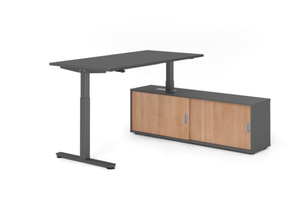 Hammerbacher Schreibtisch XMST16, 160x80cm, Platte: Graphit, T-Fuß Gestell Graphit, Höhe: 71 - 120 cm, Graphit / Nussbaum, VXMST16SB/G/G/G/N