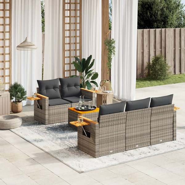 vidaXL 6-tlg. Garten-Sofagarnitur mit Kissen Grau Poly Rattan, UV-beständig, 3226627