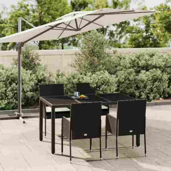 vidaXL 5-tlg. Garten-Essgruppe mit Kissen Schwarz Poly Rattan, 3185001