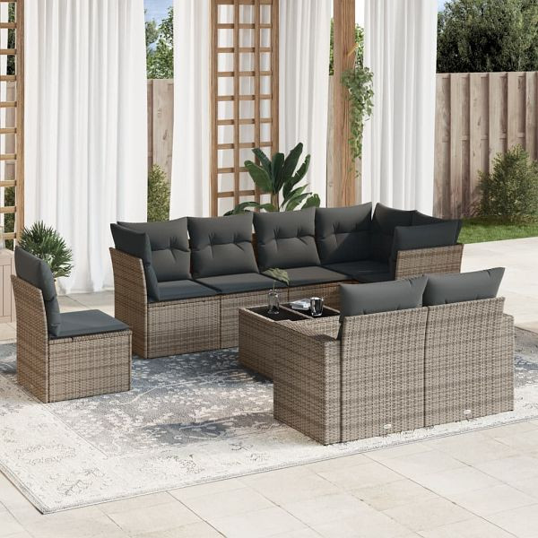 vidaXL 9-teilig Garten-Sofagarnitur mit Kissen Grau Poly Rattan, 3219240