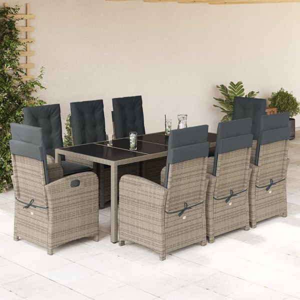 vidaXL 9-teilig Garten-Essgruppe mit Kissen Grau Poly Rattan, 3212220