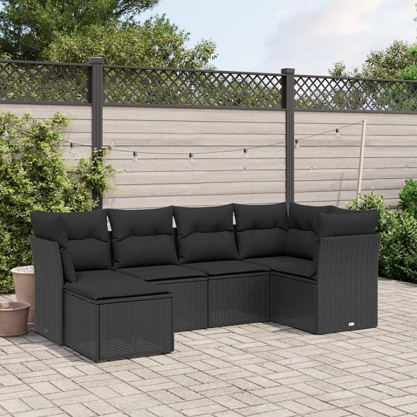 vidaXL 6-teilig Garten-Sofagarnitur mit Kissen Schwarz Poly Rattan, 3263171