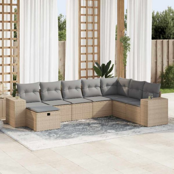 vidaXL 8-tlg. Garten-Sofagarnitur mit Kissen Beige Poly Rattan, 3325735