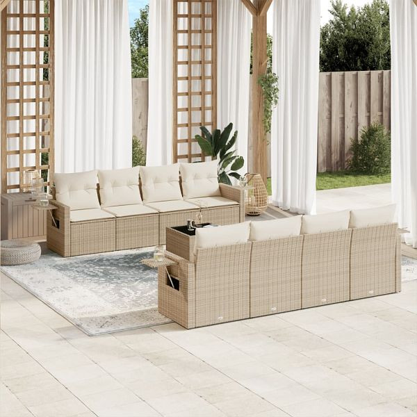vidaXL 9-tlg. Garten-Sofagarnitur mit Kissen Beige Poly Rattan, 3252285