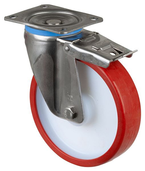 BS Rollen Edelstahl Schwerlastrolle mit Feststeller, B50 mm, Ø200 mm, bis 450 kg, Fläche Polyurethan rot, Rollenlager, HS120.B28.201