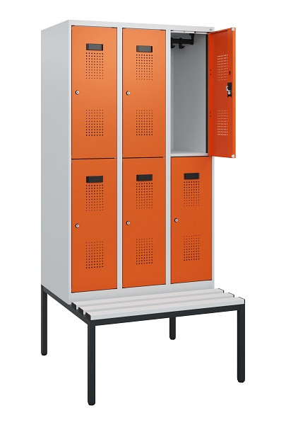 C+P Doppelstöckiger Spind Evolo PLUS, Bank, 6 Fächer, 1950x900x815mm, 7035/2004, Zylinderschloss, Sitzfläche Kunststoff, Sitzbank, 0493505-30 S10137