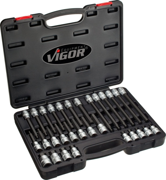 VIGOR Innensechskant Schraubendreher-Einsatz Satz, Vierkant hohl 12,5 mm (1/2 Zoll), Innen-Sechskant Profil, 5 - 19, Anzahl Werkzeuge: 30, V1919