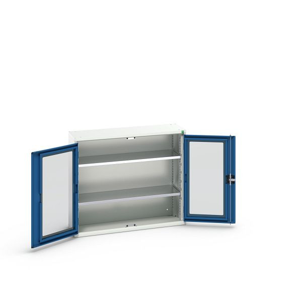 bott verso Flügeltürschrank mit Sichtfenster, mit 2 Fachböden, BxTxH: 1050 x 350 x 900 mm, Lichtgrau / Enzianblau, 16926271.11