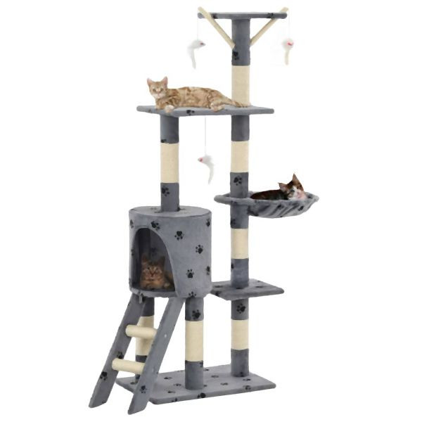 vidaXL Katzen-Kratzbaum Sisal 138 cm Grau Pfoten-Aufdruck, 170579