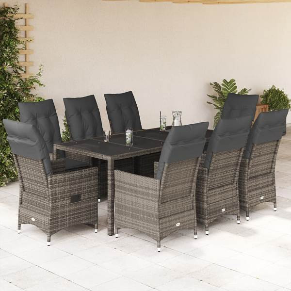 vidaXL 9-tlg. Garten-Essgruppe mit Kissen Grau Poly Rattan, UV-beständig, 3276743