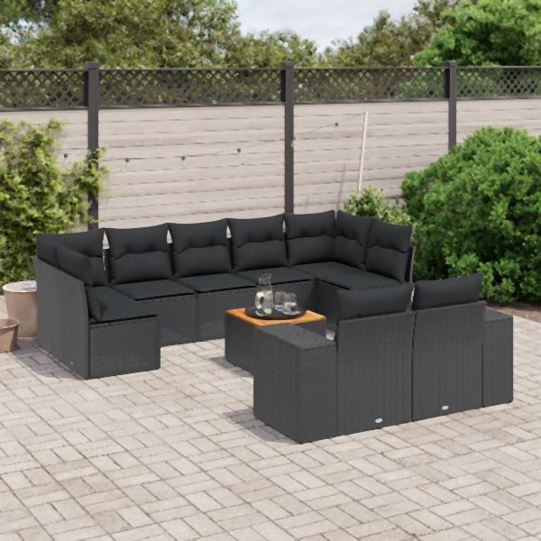 vidaXL 10-tlg. Garten-Sofagarnitur mit Kissen Schwarz Poly Rattan, 3225593