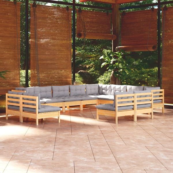vidaXL 12-teilig Garten-Lounge-Set mit Grauen Kissen Massivholz Kiefer, 3096874