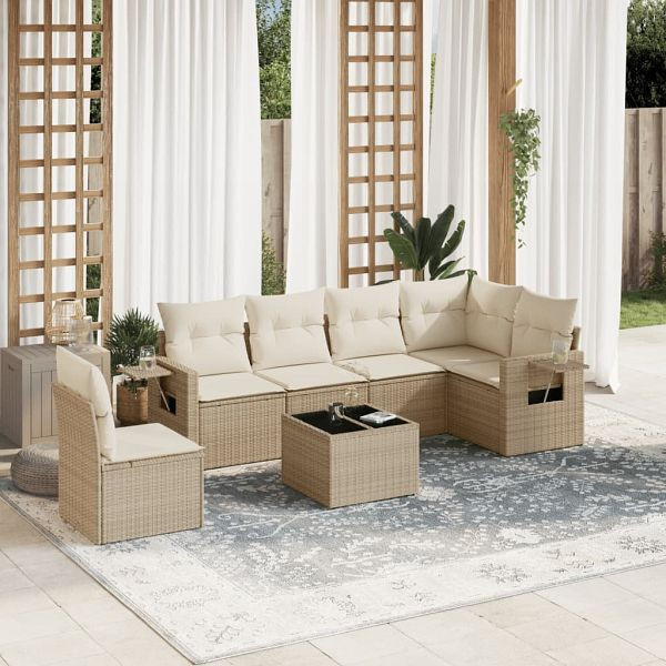 vidaXL 7-teilig Garten-Sofagarnitur mit Kissen Beige Poly Rattan, 3252575