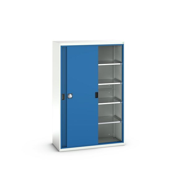 bott verso Schiebetürschrank, mit 4 Fachböden, BxTxH: 1300 x 550 x 2000 mm, Lichtgrau / Enzianblau, 16926671.11