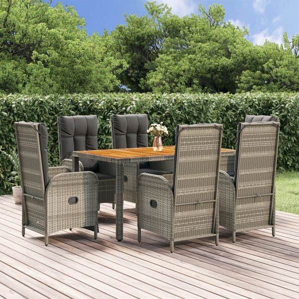 vidaXL 7-tlg. Garten-Essgruppe mit Kissen Grau Poly Rattan, 3185051