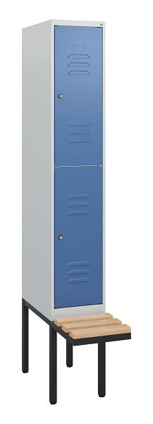 C+P Doppelstöckiger Spind Classic PLUS, 1950x300x815mm, 7035/5023, Zylinderschlösser, Sitzleisten aus Buche, schwebende Sitzfläche, 0803405-10 S10035