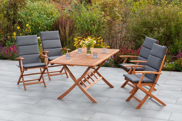 Merxx Comodoro Set 9-teilig, 4 Comodoro Klappsessel, 4 Wendekissen, grau, 1 Klappausziehtisch, 110 (160) x 90 cm, FSC Eukalyptus, 50017-800