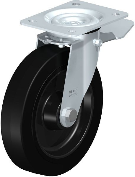 Blickle LE-POEV 200R-ST Stahlblech-Lenkrolle mit Anschraubplatte & Feststeller, Elastik-Vollgummi, Schwarz, 387175