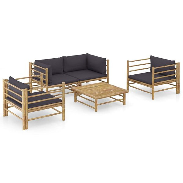 vidaXL 5-teilig Garten-Lounge-Set mit Dunkelgrauen Kissen Bambus, 3058208