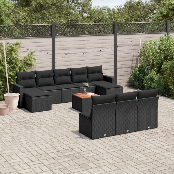 vidaXL 11-teilig Garten-Sofagarnitur mit Kissen Schwarz Poly Rattan, 3224326