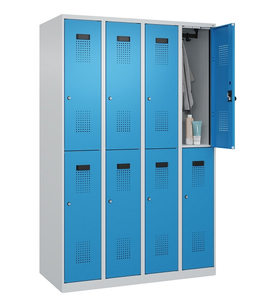 C+P Doppelstöckiger Spind Evolo PLUS, 8 Fächer, 1850x1200x500mm, 7035/5012, Zylinderschloss, 049300-40 S10034