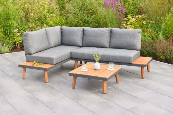 Merxx Attika Eckset, Eckbank mit seitlichen Ablageflächen, 1 Tisch 65 x 65 cm, inkl. Sitz- und Rückenkissen, FSC Akazienholz, 22042-011