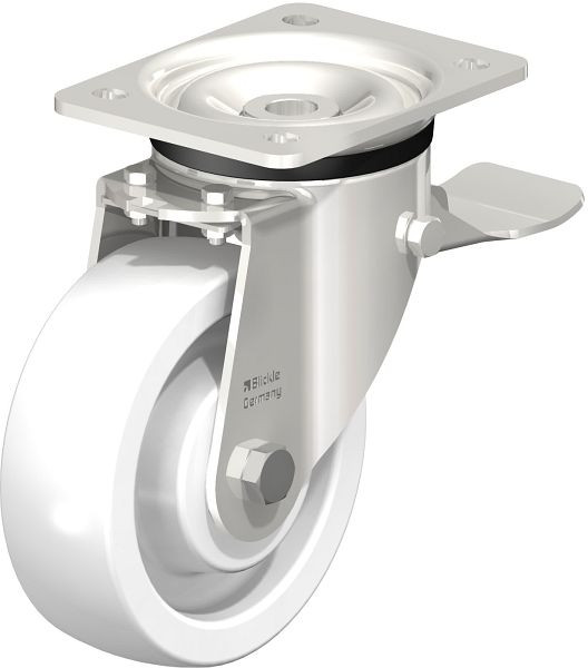 Blickle LKX-SPO 150XK-ST Edelstahl-Schwerlast-Lenkrolle mit Anschraubplatte & Feststeller, Polyamid, Weiß, 255786