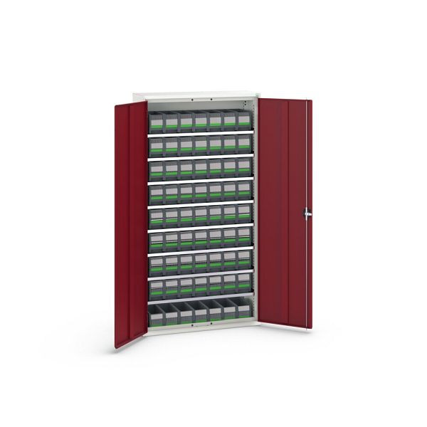 bott verso Magazinschrank, mit 8 Fachböden und 63 bottBoxen, BxTxH: 1050x350x2000mm, Purpurrot, 16926507.24