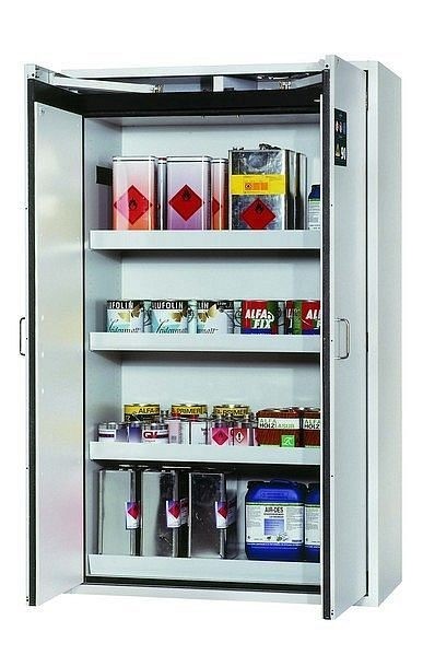 asecos Sicherheitsschrank S-CLASSIC-90, S90.196.120.WDAS in lichtgrau RAL 7035 mit 3x Wannenboden Standard (Stahlblech), 30116-001-30133