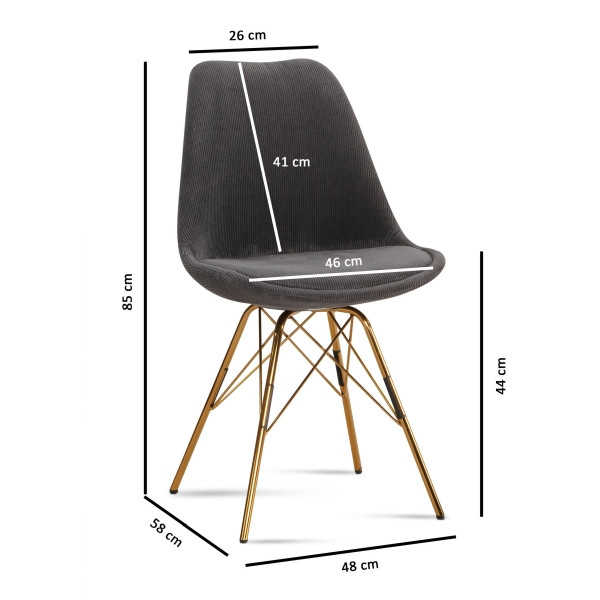 Wohnling Esszimmerstuhl 2er Set Cara-Stoff Anthrazit Küchenstuhl mit goldenen Beinen, Cord-Schalenstuhl Skandinavisches Design, WL7.140
