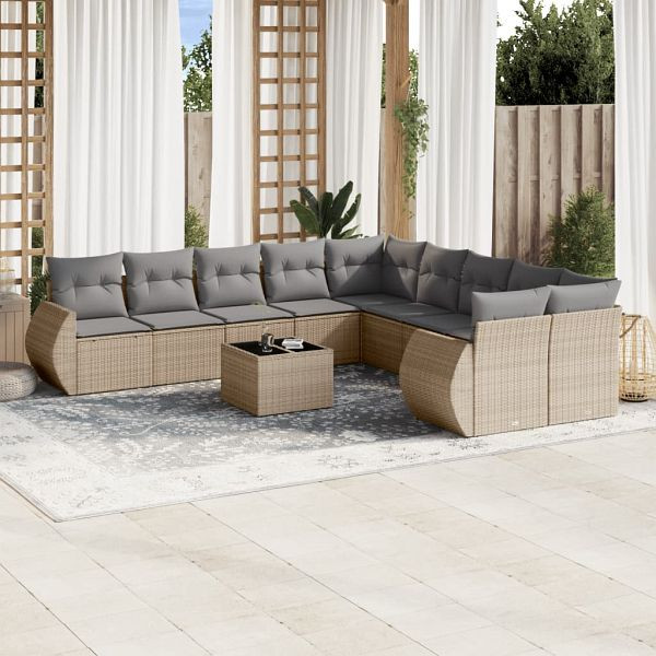 vidaXL 11-teilig Garten-Sofagarnitur mit Kissen Beige Poly Rattan, 3221918