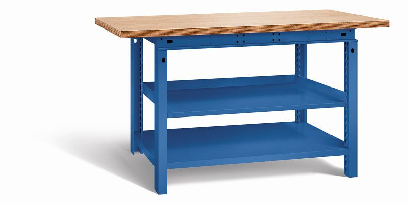 Otto Kind Werkbank Serie function Typ 208, Multiplexplatte 40 mm, überstehend, 1 Ablageboden, komplett RAL 5010, 072338213