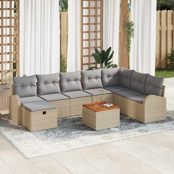 vidaXL Garten-Sofa-Set mit Kissen mit Speicher 9-teilig Beige Poly-Rattan, 3360857