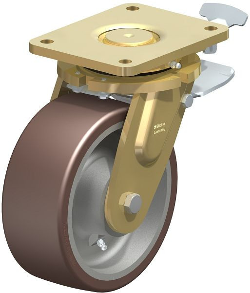 Blickle LS-GB 202K-ST-RI4 Stahlgeschweißte Schwerlast-Lenkrolle, schwere Drehkranz-Ausführung mit Feststeller, Blickle Besthane®, Braun, 852597