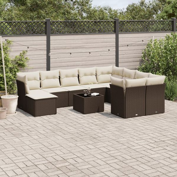 vidaXL 11-tlg. Garten-Sofagarnitur mit Kissen Braun Poly Rattan, 3250442