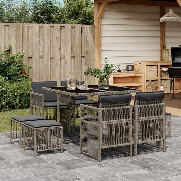 vidaXL 9-tlg. Garten-Essgruppe mit Kissen Grau Poly Rattan, 3210956