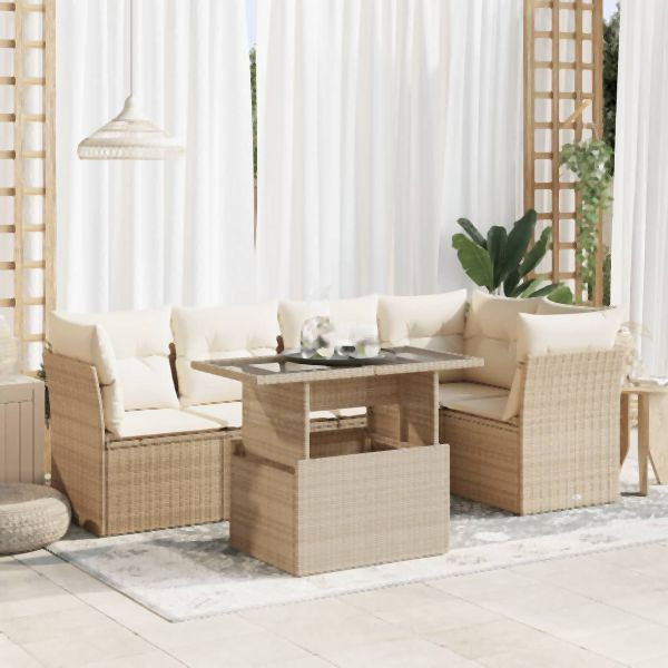 vidaXL 6-tlg. Garten-Sofagarnitur mit Kissen Beige Poly Rattan, 3326159