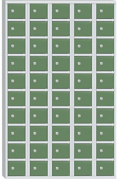 Deskin Wertfachschrank mit 50 Fächern, Korpus Lichtgrau 7035, Türen Verkehrsgrün RAL 6024, H 1530 x B 975 x T 200 mm, Zylinderschloss, 358079