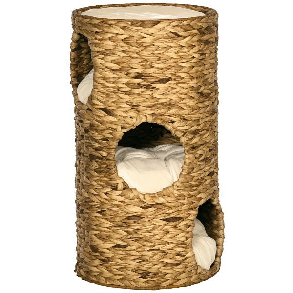 PawHut Katzenhöhle mit 3 Ebenen, 3 Eingänge, Boho-Design, inkl. Kissen, 40 cm x 40 cm x 73 cm, Hellbraun + Cremeweiß, D30-697V00LR