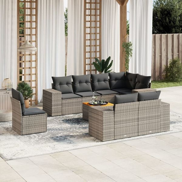 vidaXL 9-teilig Garten-Sofagarnitur mit Kissen Grau Poly Rattan, 3257873