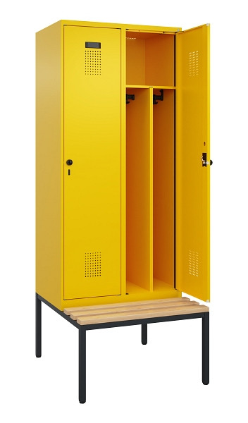 C+P Spind Evolo PLUS, 2 Abteile, 2120x800x815mm, 1023/1023, Haken 4, Drehriegel, Sitzfläche Buche-Hartholz, Sitzbank, Trennwand, 0490507-22F S10022